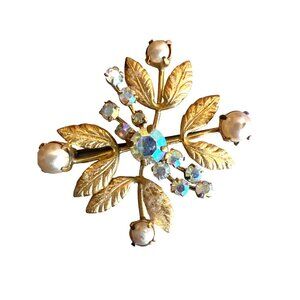 Vintage Made in Austria Gold Tone Aurora Borealis AB Crystals Etched Leaves